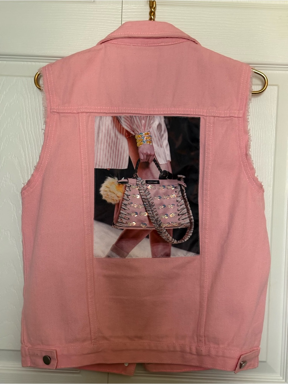 Women’s Pink Sleeveless Denim Vest with Graphic Back Panel
